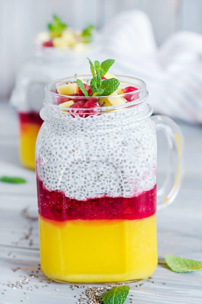 Chia seed pudding in jar with mango. Healthy breakfast. Sweet healthy dessert.